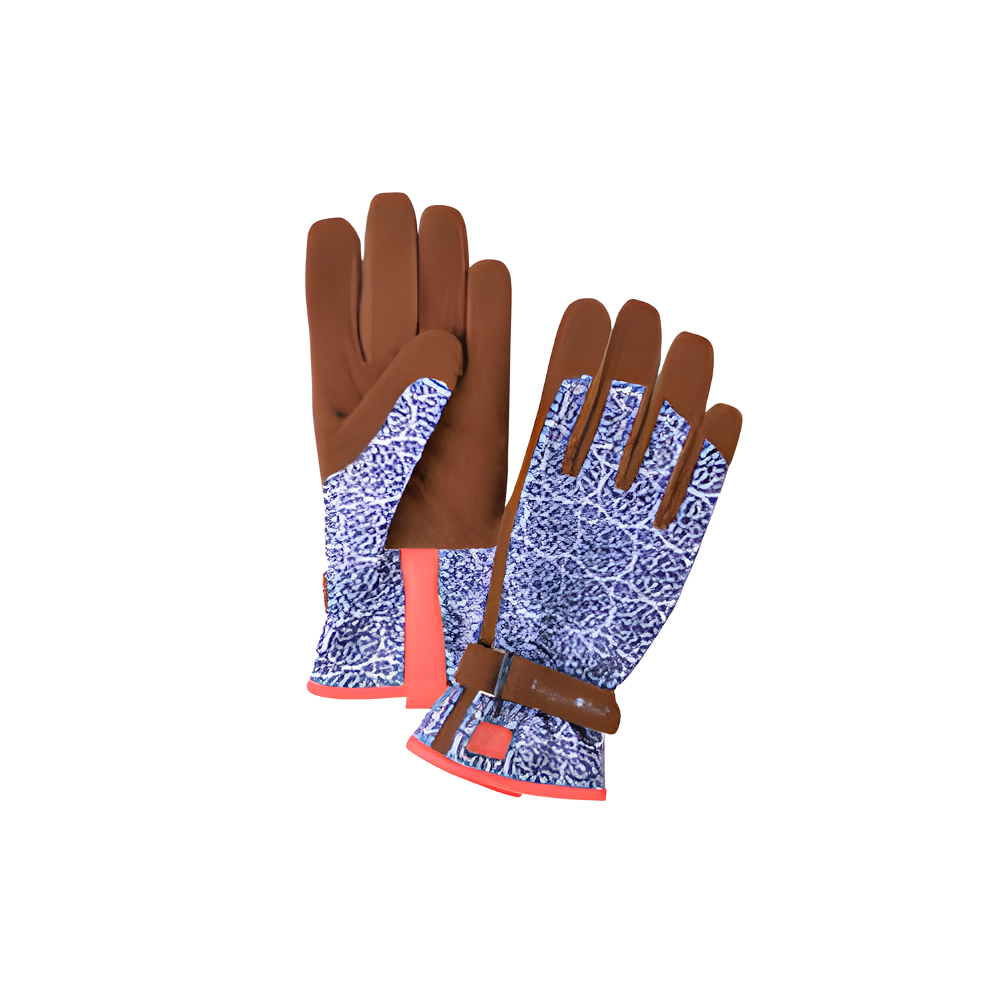 Showing the two gloves from the Burgon and Ball Love The Glove Artisan women's gardening gloves in M/L, which is made from polyester-elastane with artificial suede palms and fingers, padded palm, breathable mesh, secure hook-and-loop wrist strap, leather trim, and machine washable.