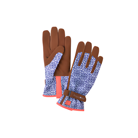 Showing the two gloves from the Burgon and Ball Love The Glove Artisan women's gardening gloves in M/L, which is made from polyester-elastane with artificial suede palms and fingers, padded palm, breathable mesh, secure hook-and-loop wrist strap, leather trim, and machine washable.