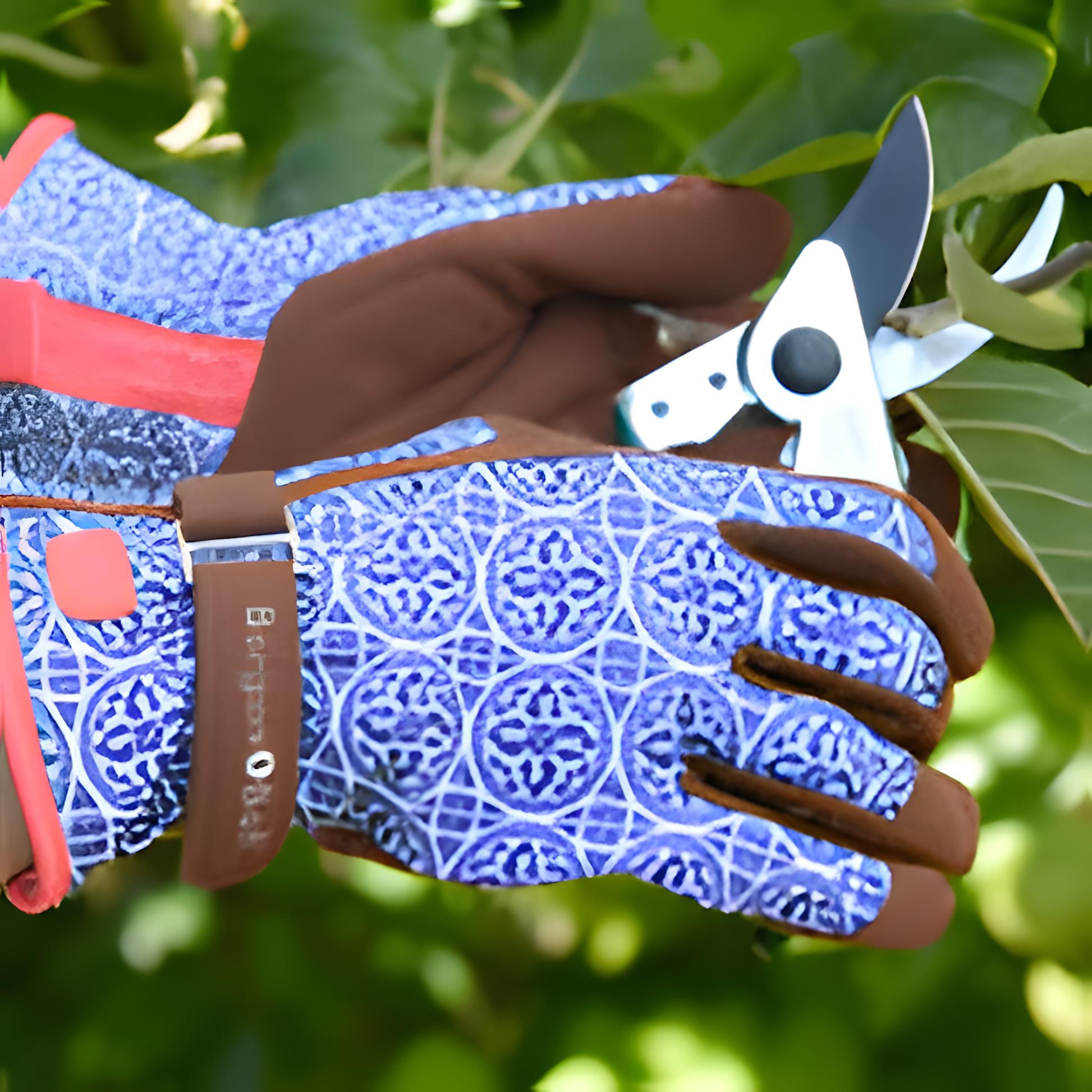 Shown in use and used from cutting a plant, the Burgon and Ball Love The Glove Artisan women's gardening gloves in M/L, which is made from polyester-elastane with artificial suede palms and fingers, padded palm, breathable mesh, secure hook-and-loop wrist strap, leather trim, and machine washable.
