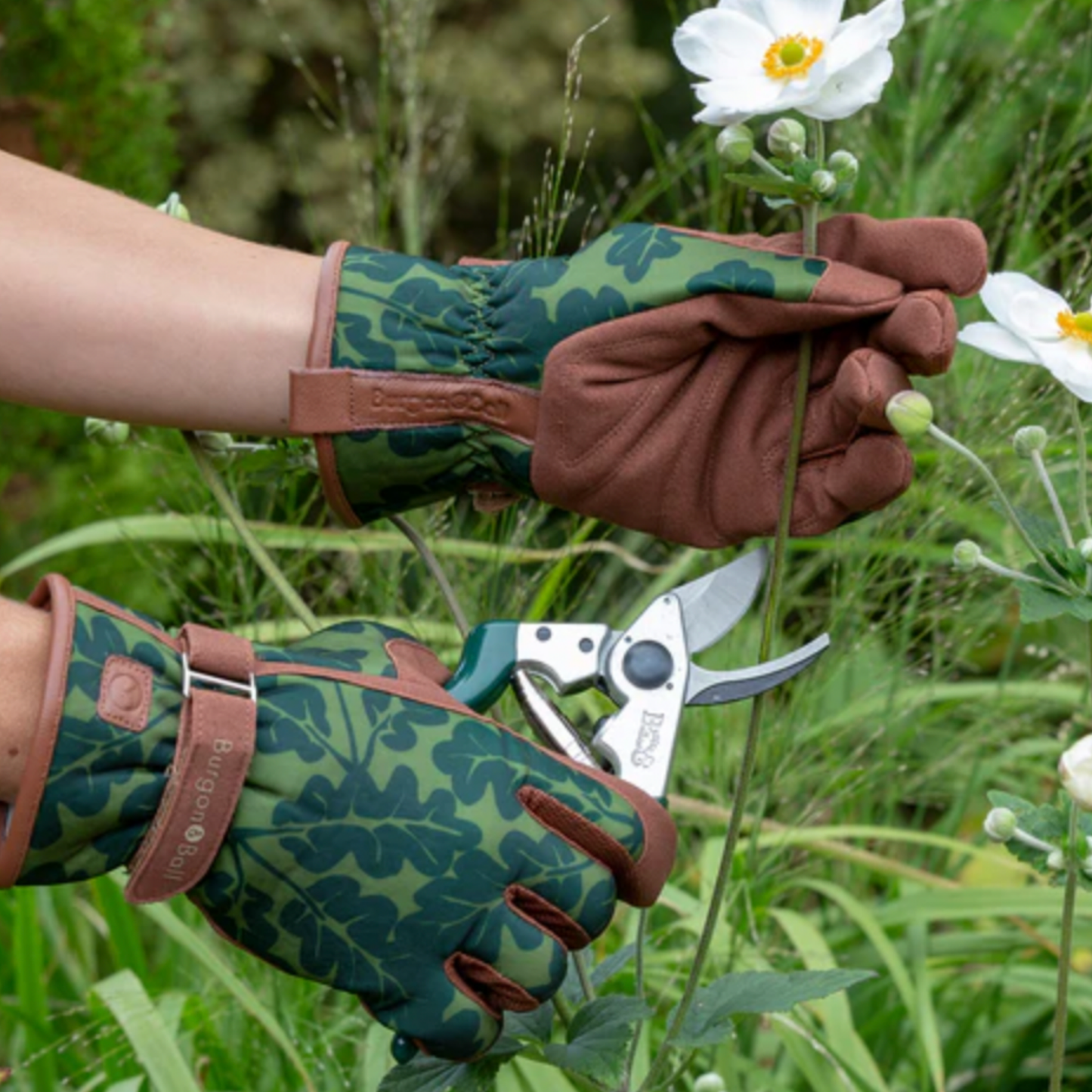 Man using oak leaf moss gardening gloves and grooming flowers in garden