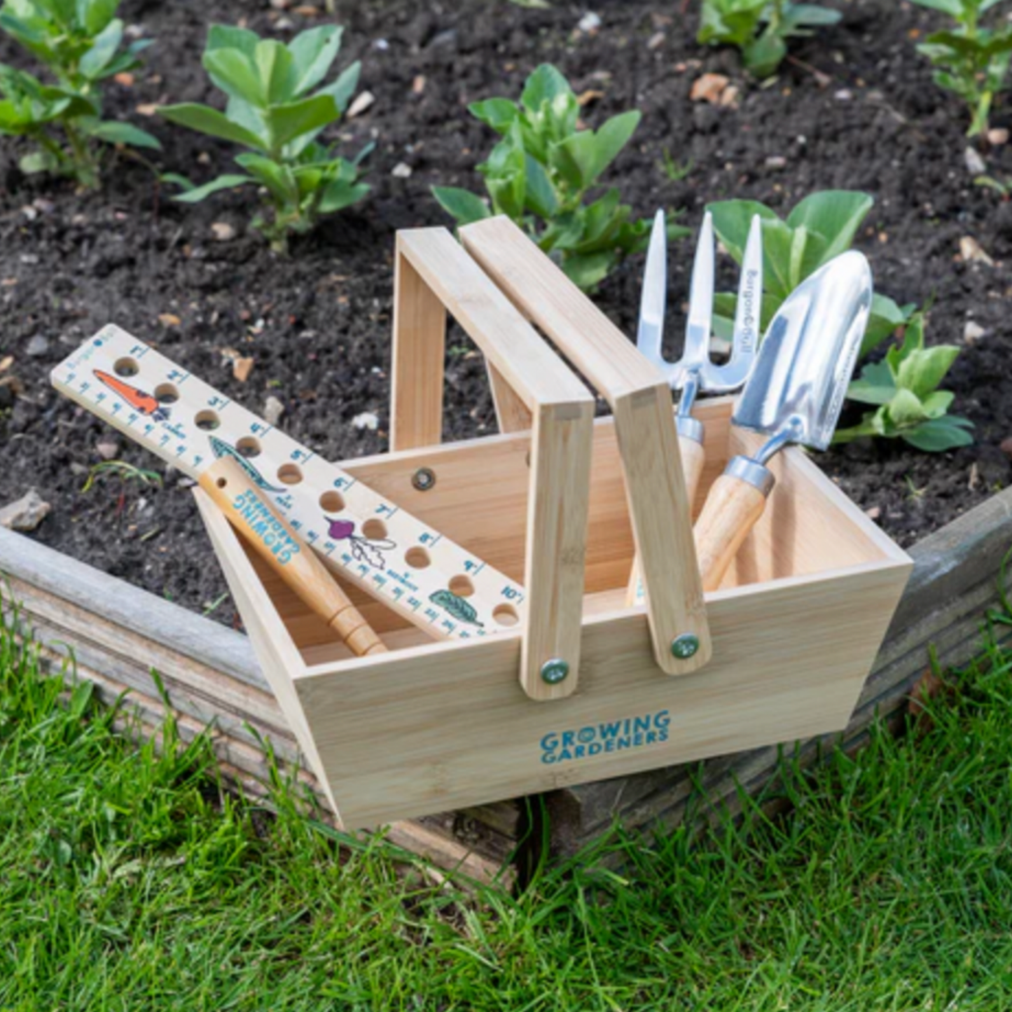 Burgon & Ball kids wooden harvesting basket with tools in the garden