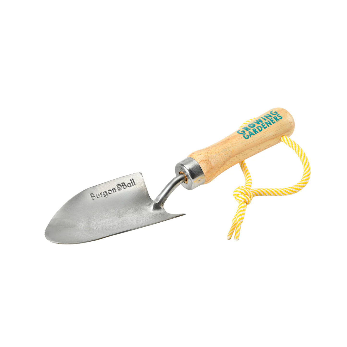 Burgon & Ball Kids Hand Trowel Stainless Steel and hardwood handle with strong hanging cord, seen rested with the handle up.