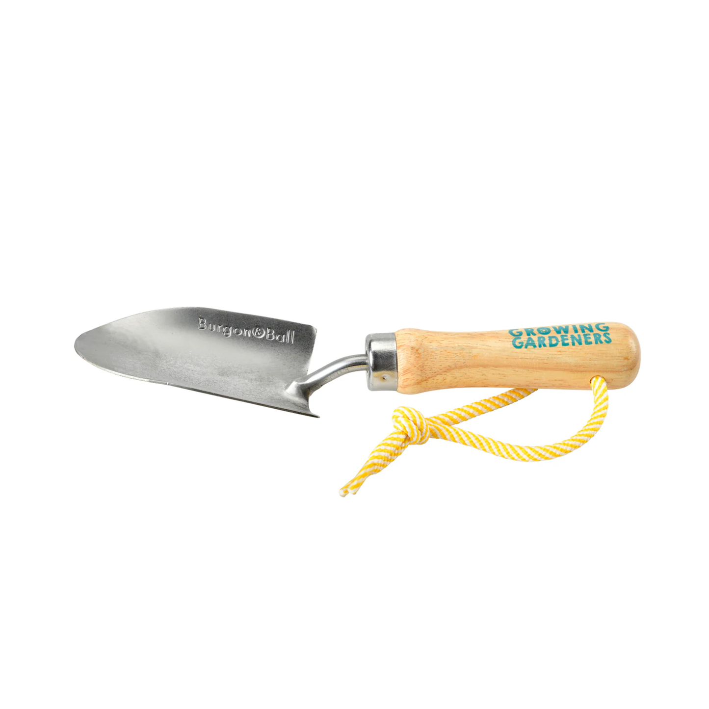 Burgon & Ball Kids Hand Trowel Stainless Steel and hardwood handle with strong hanging cord, seen laying down.