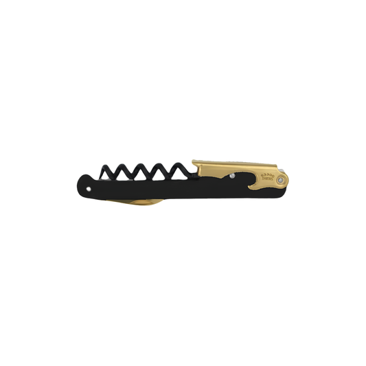 Side view of the Cartailler Deluc The Original 92 Waiters Teflon coated Corkscrew, Black Stainless Steel handle with 18-Carat Gold penknife.