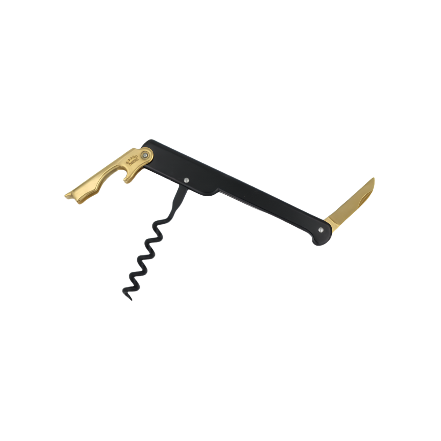 Cartailler Deluc The Original 92 Waiters Teflon coated Corkscrew, Black Stainless Steel handle with 18-Carat Gold penknife, fully open.