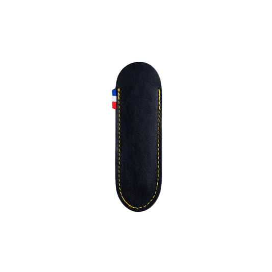 Front view of the empty Cartailler Deluc The Original 92 Waiters Corkscrew Leather Pouch from high quality black leather with yellow stitches.