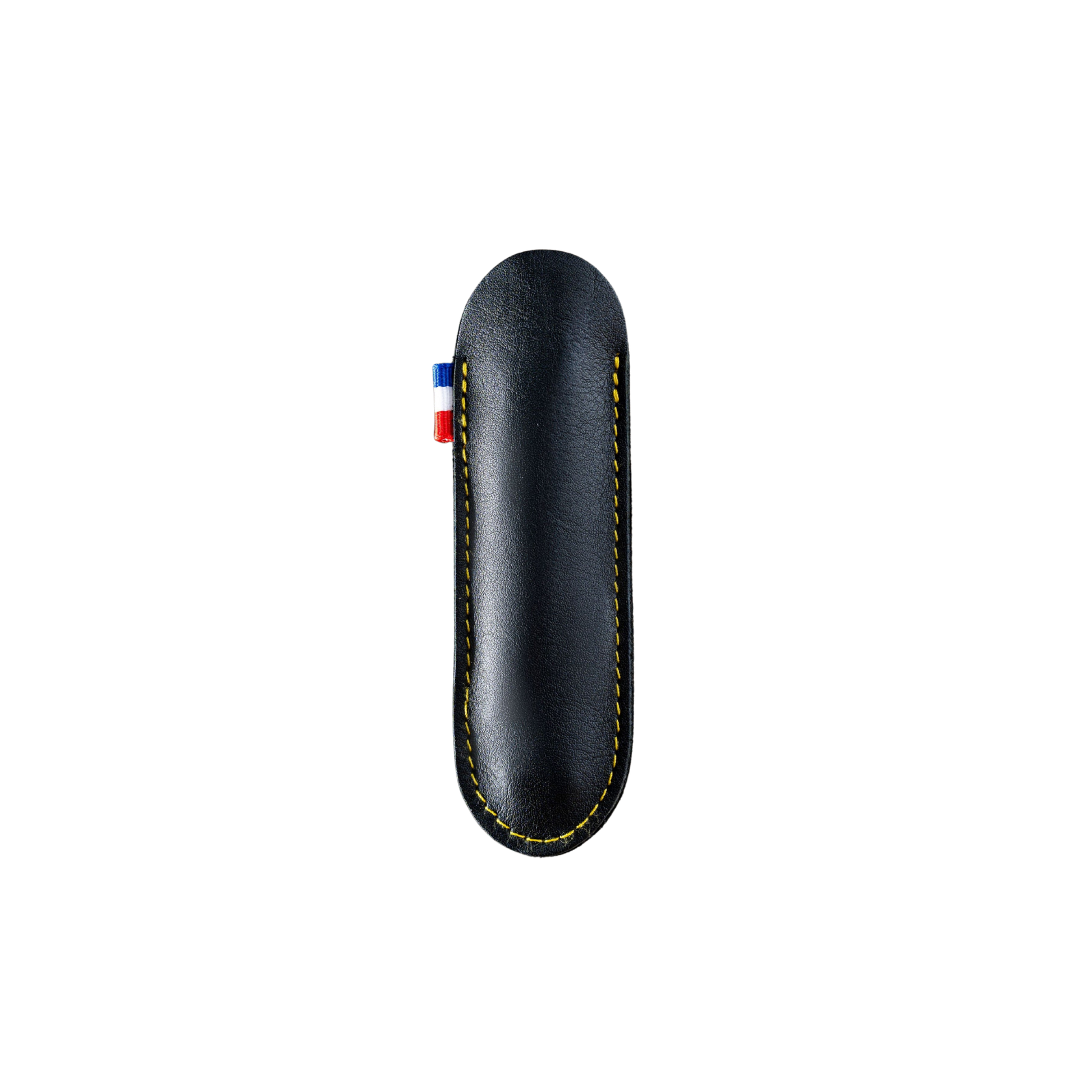 Front view of the Cartailler Deluc The Original 92 Waiters Corkscrew Leather Pouch from high quality black leather with yellow stitches and corkscrew inside.