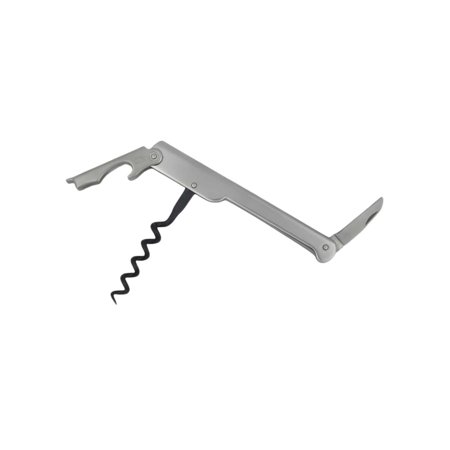 Cartailler Deluc The Original 92 Waiters Teflon coated Corkscrew Matt Stainless Steel handle and blade, fully open.