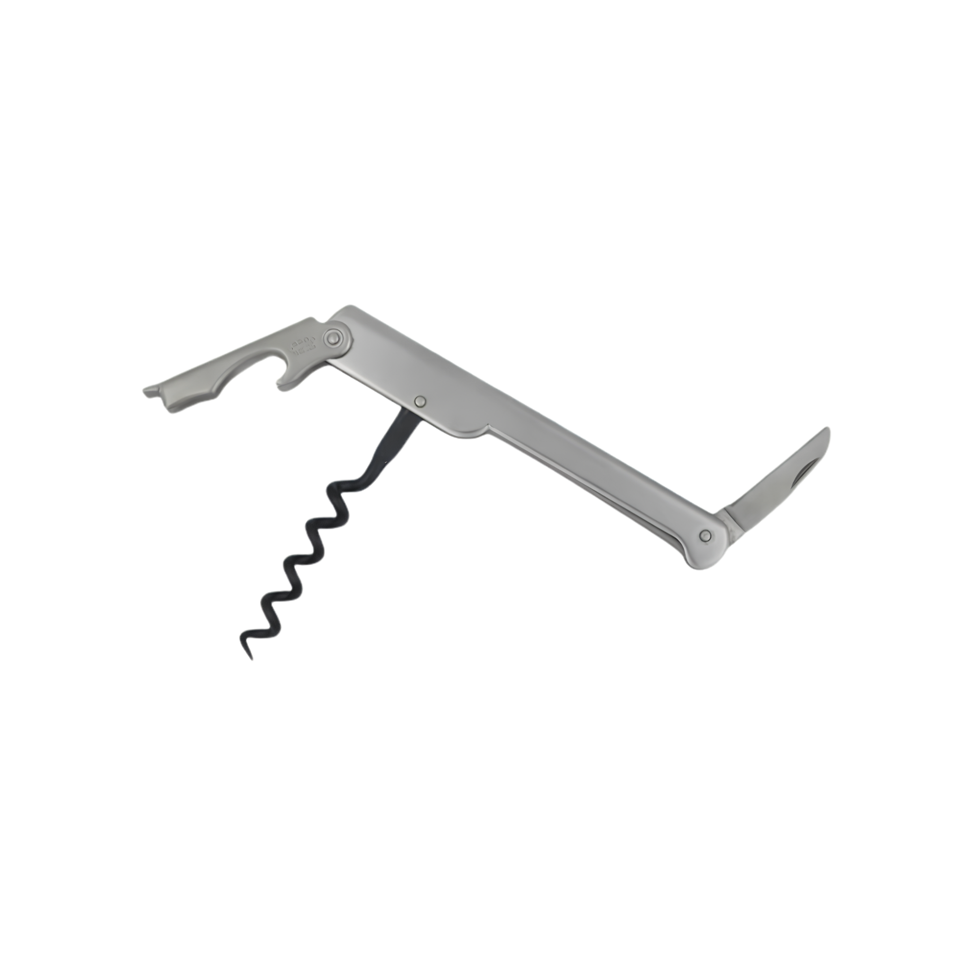 Cartailler Deluc The Original 92 Waiters Teflon coated Corkscrew Matt Stainless Steel handle and blade, fully open.