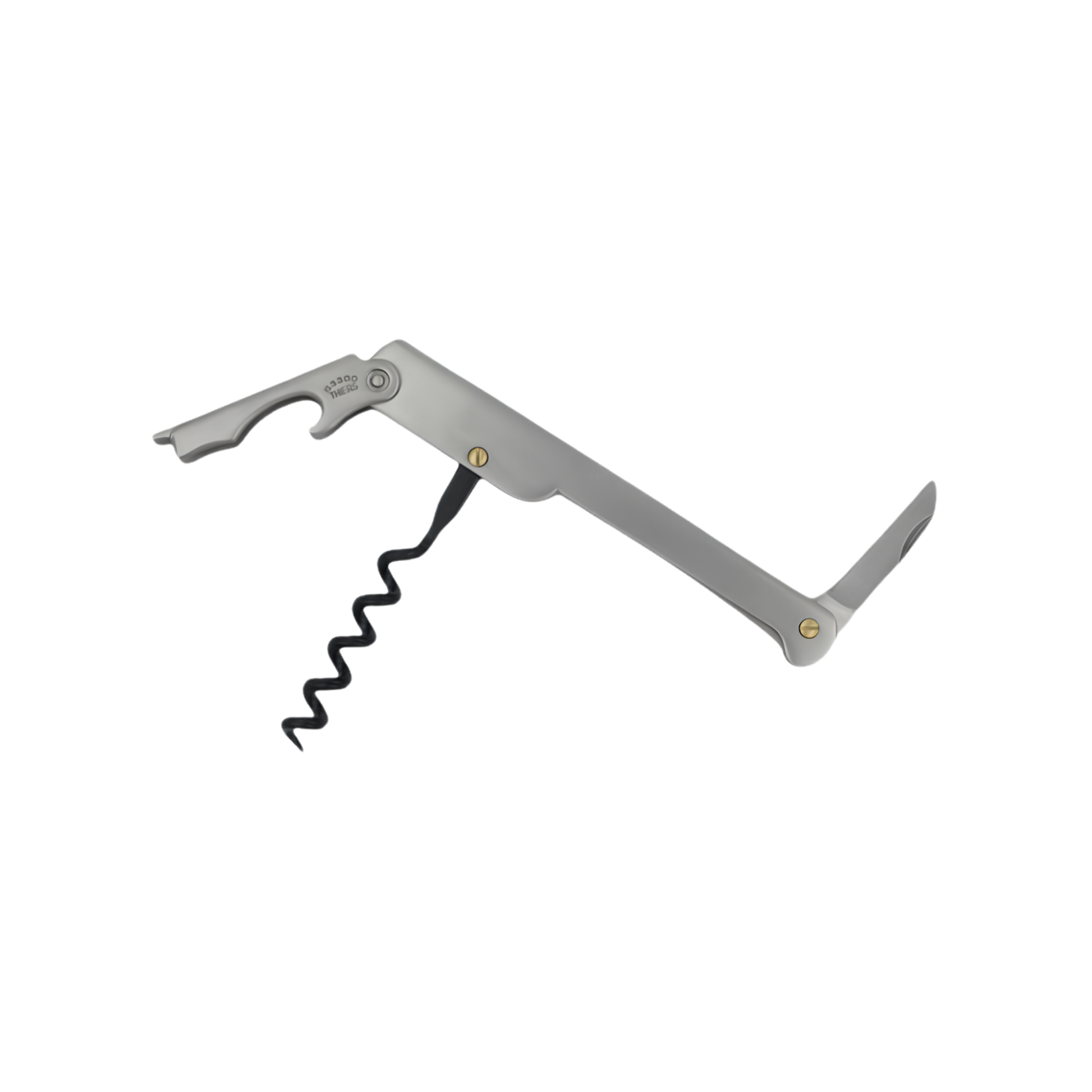 Cartailler Deluc The Original 92 Waiters Teflon coated Corkscrew Satin Stainless Steel handle with Brass Screws, fully open.