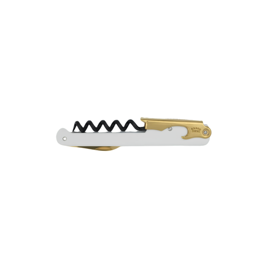 Side view of the Cartailler Deluc The Original 92 Waiters Teflon coated Corkscrew, White Stainless Steel handle with 18-Carat Gold penknife.