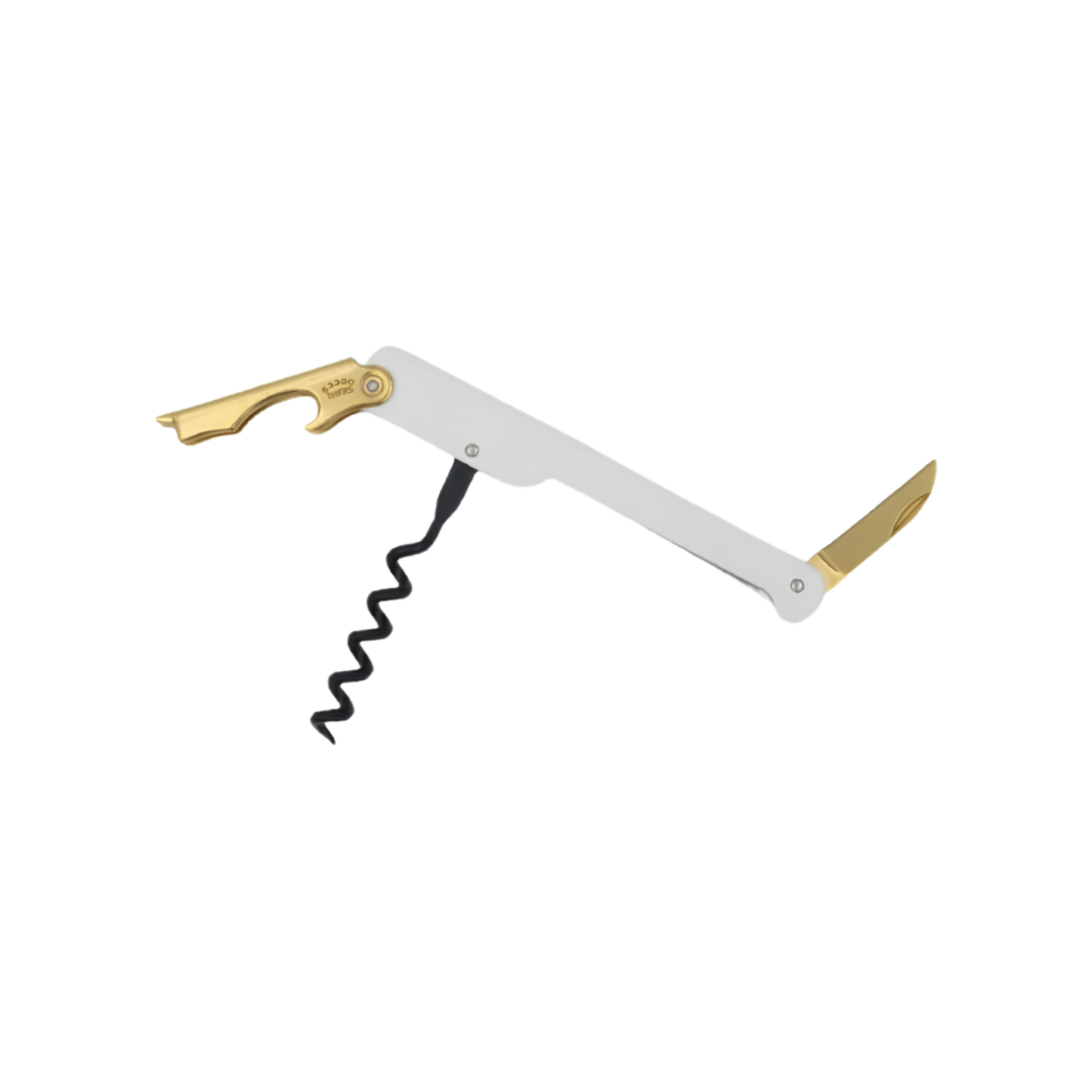 Cartailler Deluc The Original 92 Waiters Teflon coated Corkscrew, White Stainless Steel handle with 18-Carat Gold penknife, fully open.