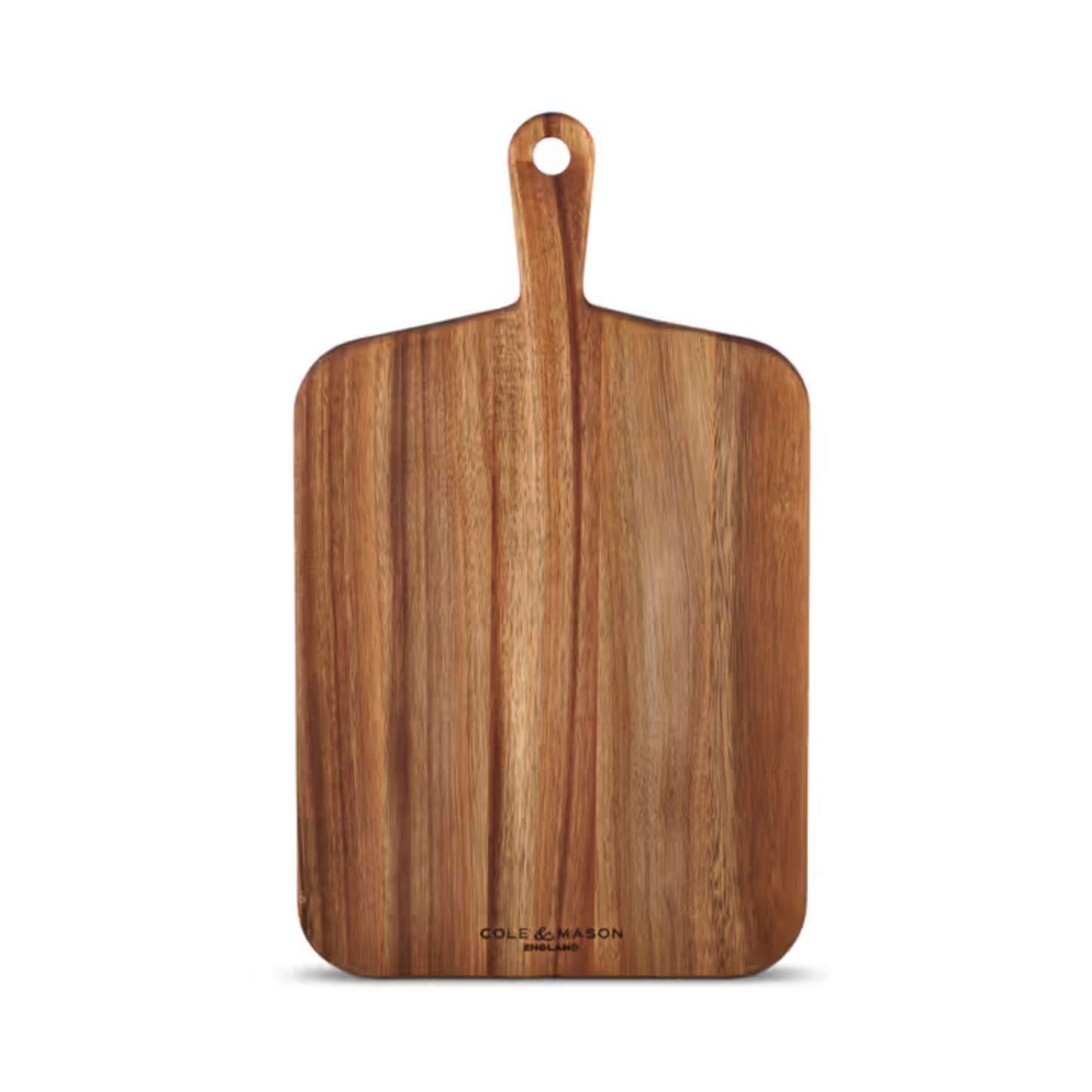 Front view of Cole & Mason medium double-sided acacia wood chopping board, natural finish, 2.5 cm thick, with handle and hanging hole, for chopping, slicing, and serving.