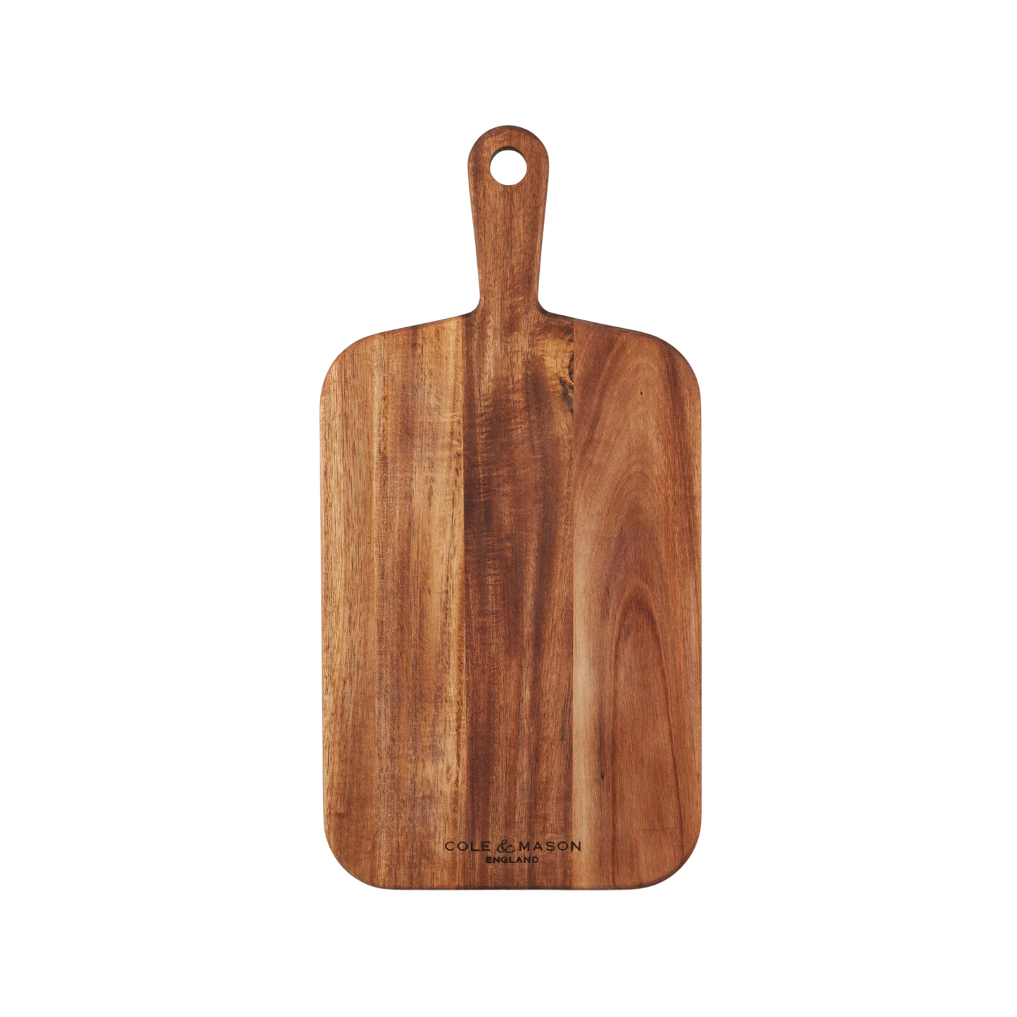 Front view of Cole & Mason small double-sided acacia wood chopping board, natural finish, 2.5 cm thick, with handle and hanging hole for chopping, slicing, and serving.
