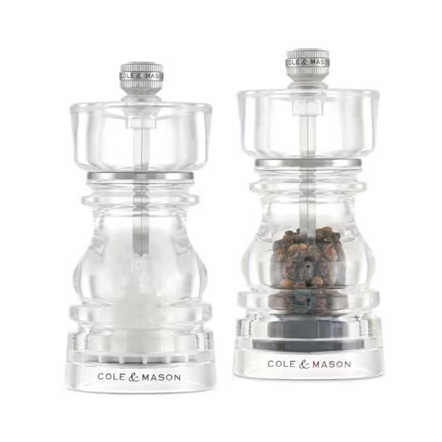 Cole & Mason London salt and pepper mills set, 13cm, made from clear durable acrylic with ceramic and Precision+ carbon steel mechanisms, classic yet contemporary design with lifetime guarantee.