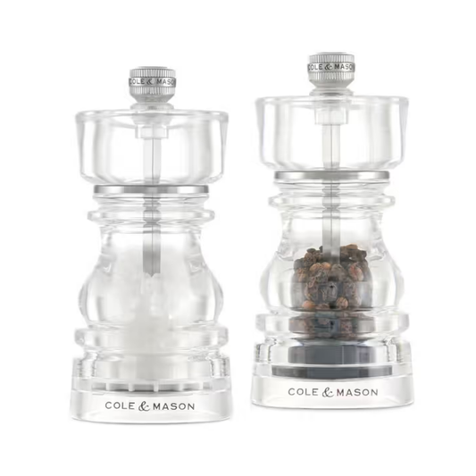 Cole & Mason London salt and pepper mills set, 13cm, made from clear durable acrylic with ceramic and Precision+ carbon steel mechanisms, classic yet contemporary design with lifetime guarantee.