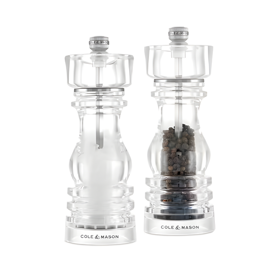 Cole & Mason London acrylic salt and pepper mill, 18cm, durable clear body with Precision+ carbon steel and ceramic mechanisms, classic yet modern design with lifetime guarantee.