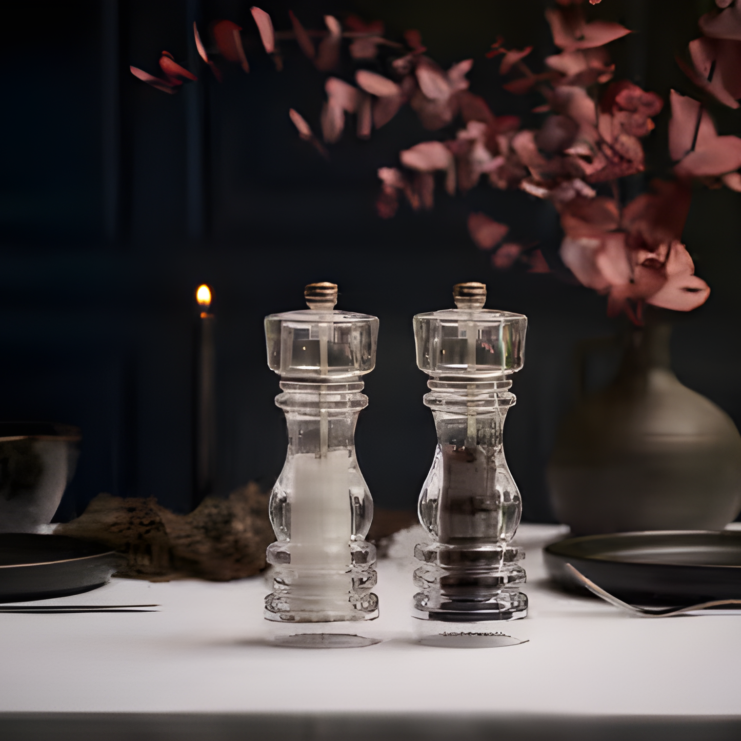 Table view of Cole & Mason London acrylic salt and pepper mill, 18cm, durable clear body with Precision+ carbon steel and ceramic mechanisms, classic yet modern design with lifetime guarantee.