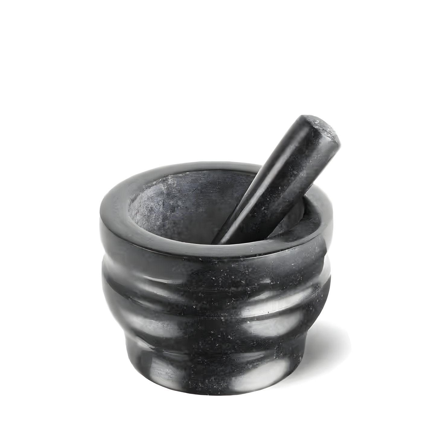 Cole & Mason small black granite pestle and mortar, 14 cm bowl, with ridged base and long handle for stable grinding of wet or dry mixes.