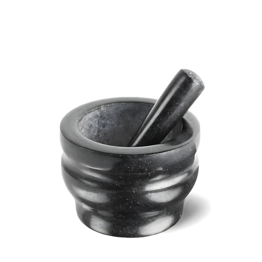 Cole & Mason small black granite pestle and mortar, 14 cm bowl, with ridged base and long handle for stable grinding of wet or dry mixes.