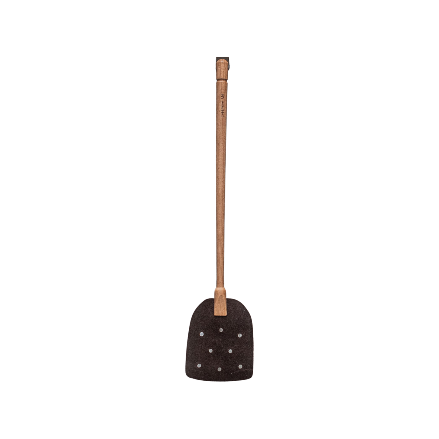 Upside down front view of Fathom natural leather fly swatter with beechwood handle, 53cm durable and gentle insect control tool for kitchens, patios, and outdoor dining.