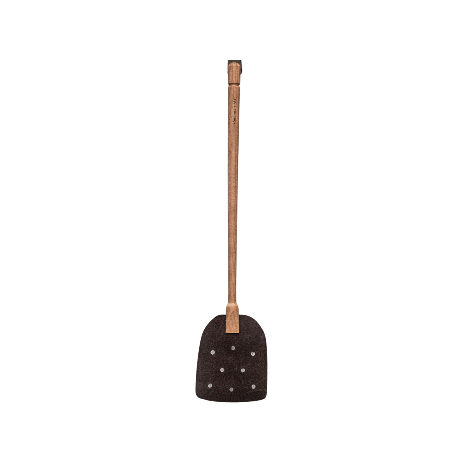 Upside down front view of Fathom natural leather fly swatter with beechwood handle, 53cm durable and gentle insect control tool for kitchens, patios, and outdoor dining.