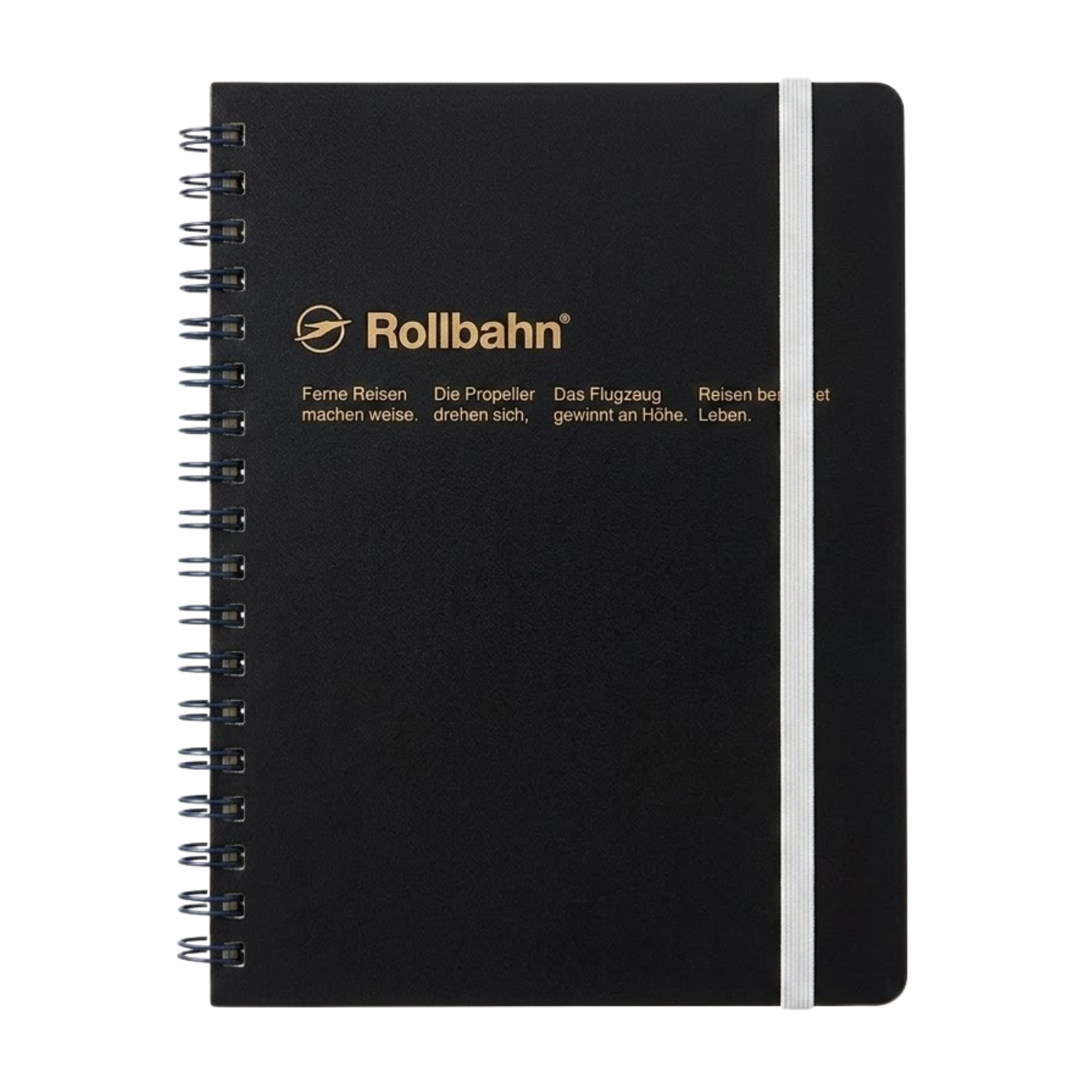 Front view of the Fathom spiral bound notebook in black with robust polypropylene cover, metal spiral binding, elastic closure, and 140 perforated cream pages, large Japanese-made stationery.