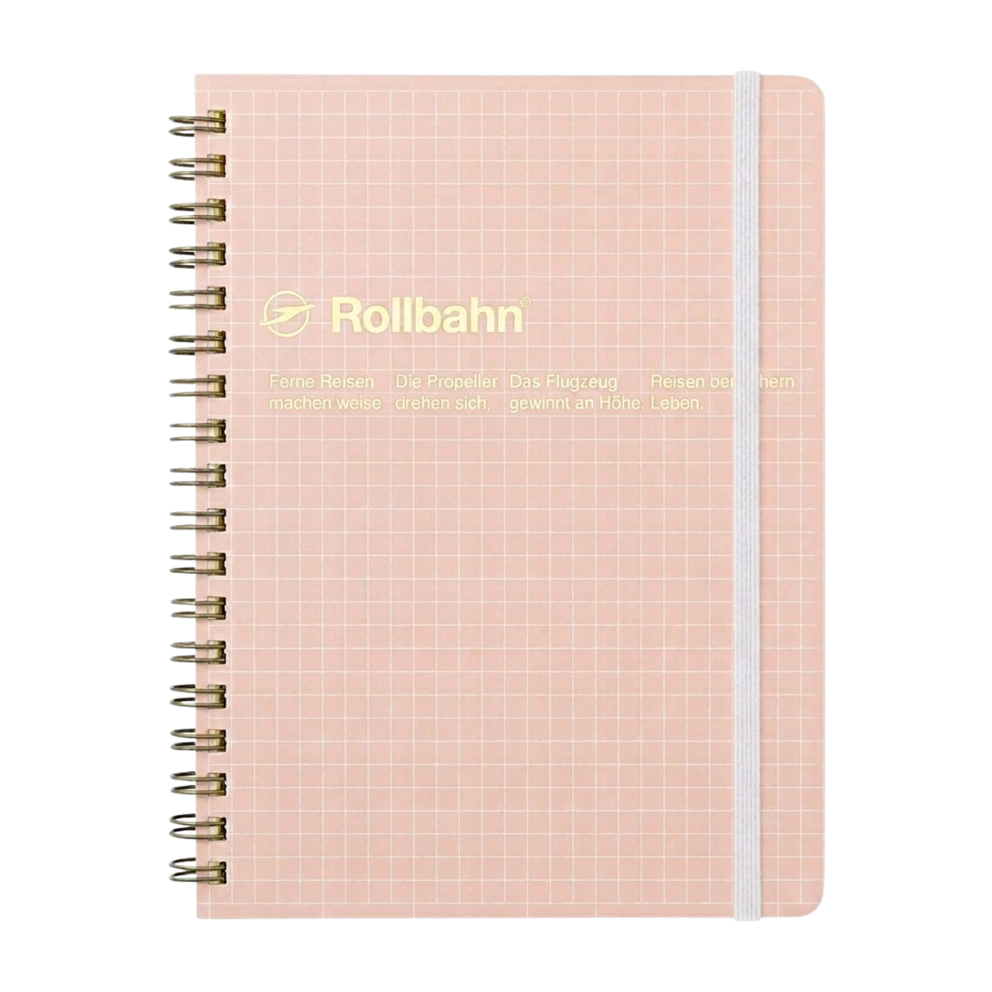 Front view of the Fathom spiral bound retro notebook in baby pink with polypropylene cover, metal spiral binding, elastic closure, and 140 perforated cream pages, large Japanese-made stationery.