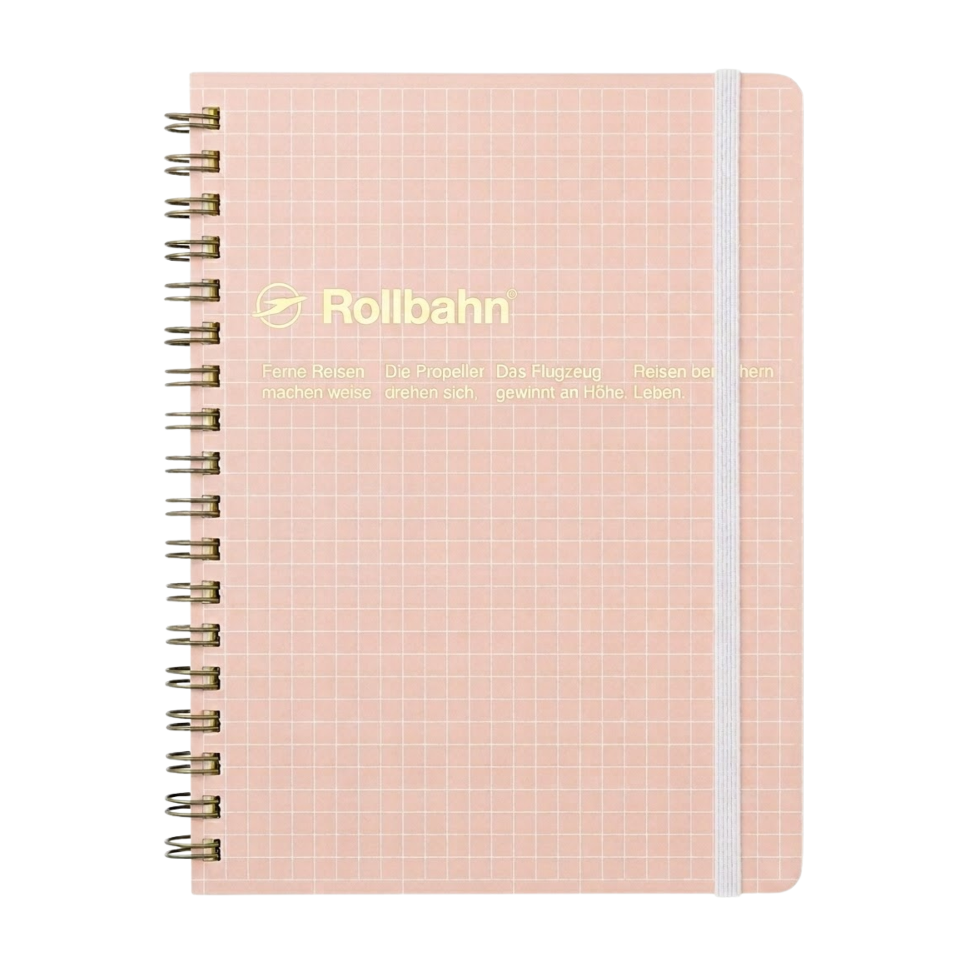 Front view of the Fathom spiral bound retro notebook in baby pink with polypropylene cover, metal spiral binding, elastic closure, and 140 perforated cream pages, large Japanese-made stationery.