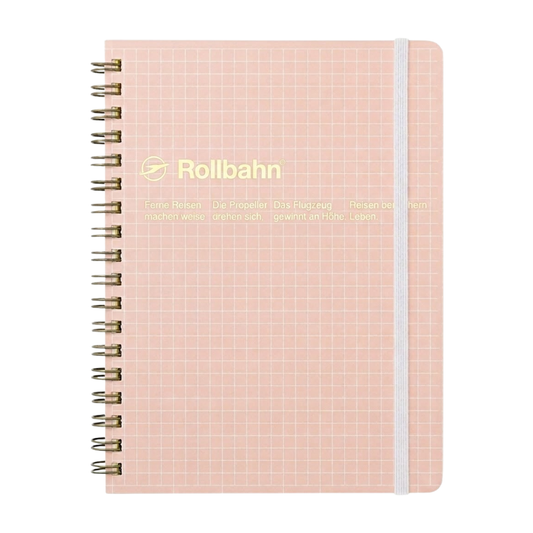 Front view of the Fathom spiral bound retro notebook in baby pink with polypropylene cover, metal spiral binding, elastic closure, and 140 perforated cream pages, large Japanese-made stationery.