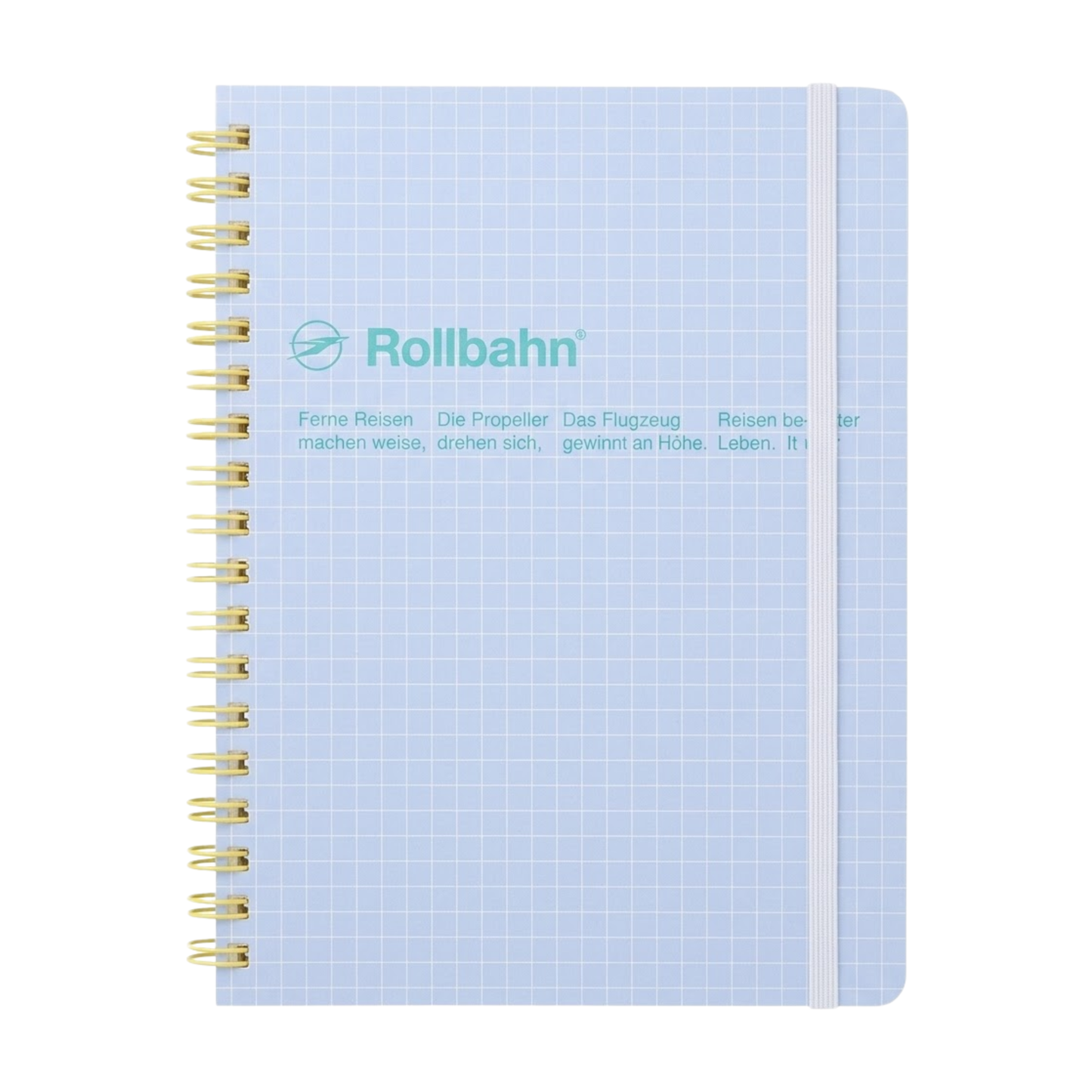 Front view of the Fathom spiral bound retro notebook in light blue with polypropylene cover, metal spiral binding, elastic closure, and 140 perforated cream pages, large Japanese-made stationery.