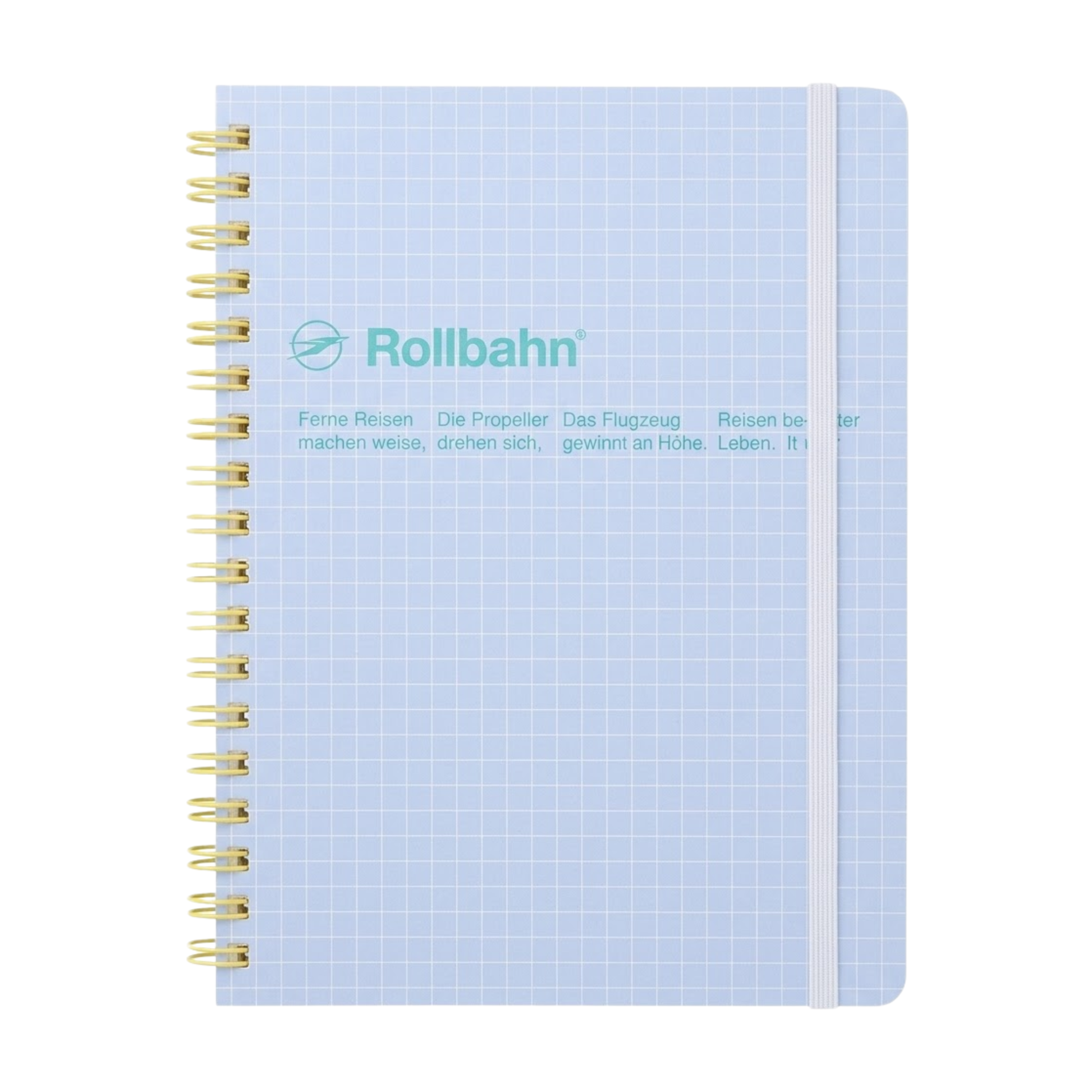 Front view of the Fathom spiral bound retro notebook in light blue with polypropylene cover, metal spiral binding, elastic closure, and 140 perforated cream pages, large Japanese-made stationery.