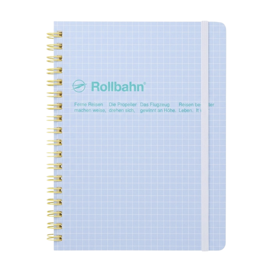 Front view of the Fathom spiral bound retro notebook in light blue with polypropylene cover, metal spiral binding, elastic closure, and 140 perforated cream pages, large Japanese-made stationery.