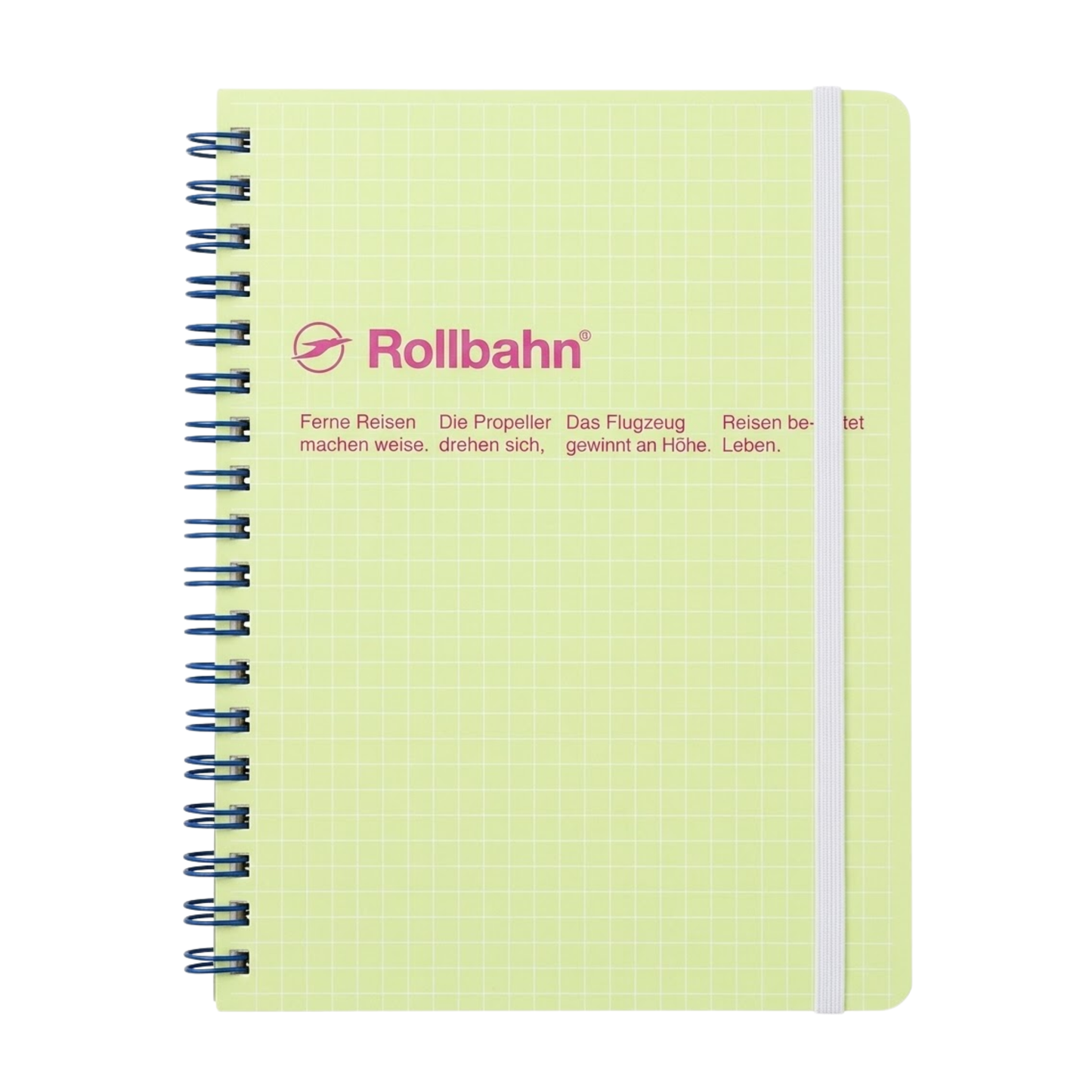 Front view of the Fathom spiral bound retro notebook in light green with polypropylene cover, metal spiral binding, elastic closure, and 140 perforated cream pages, large Japanese-made stationery.