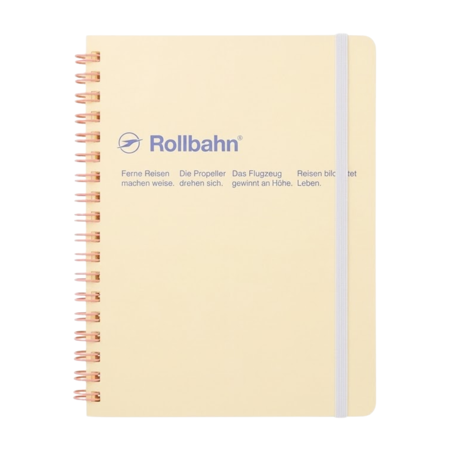 Front view of the Fathom spiral bound retro notebook in light yellow with polypropylene cover, metal spiral binding, elastic closure, and 140 perforated cream pages, large Japanese-made stationery.