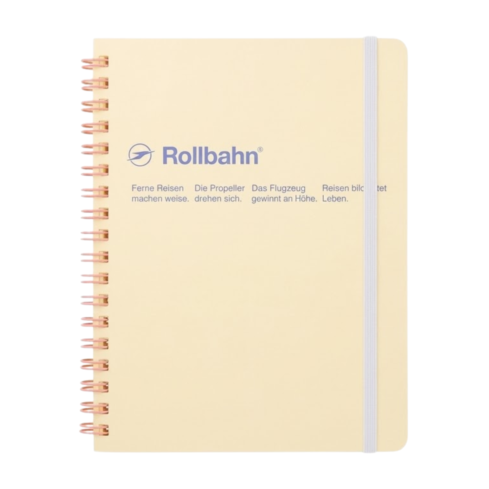 Front view of the Fathom spiral bound retro notebook in light yellow with polypropylene cover, metal spiral binding, elastic closure, and 140 perforated cream pages, large Japanese-made stationery.