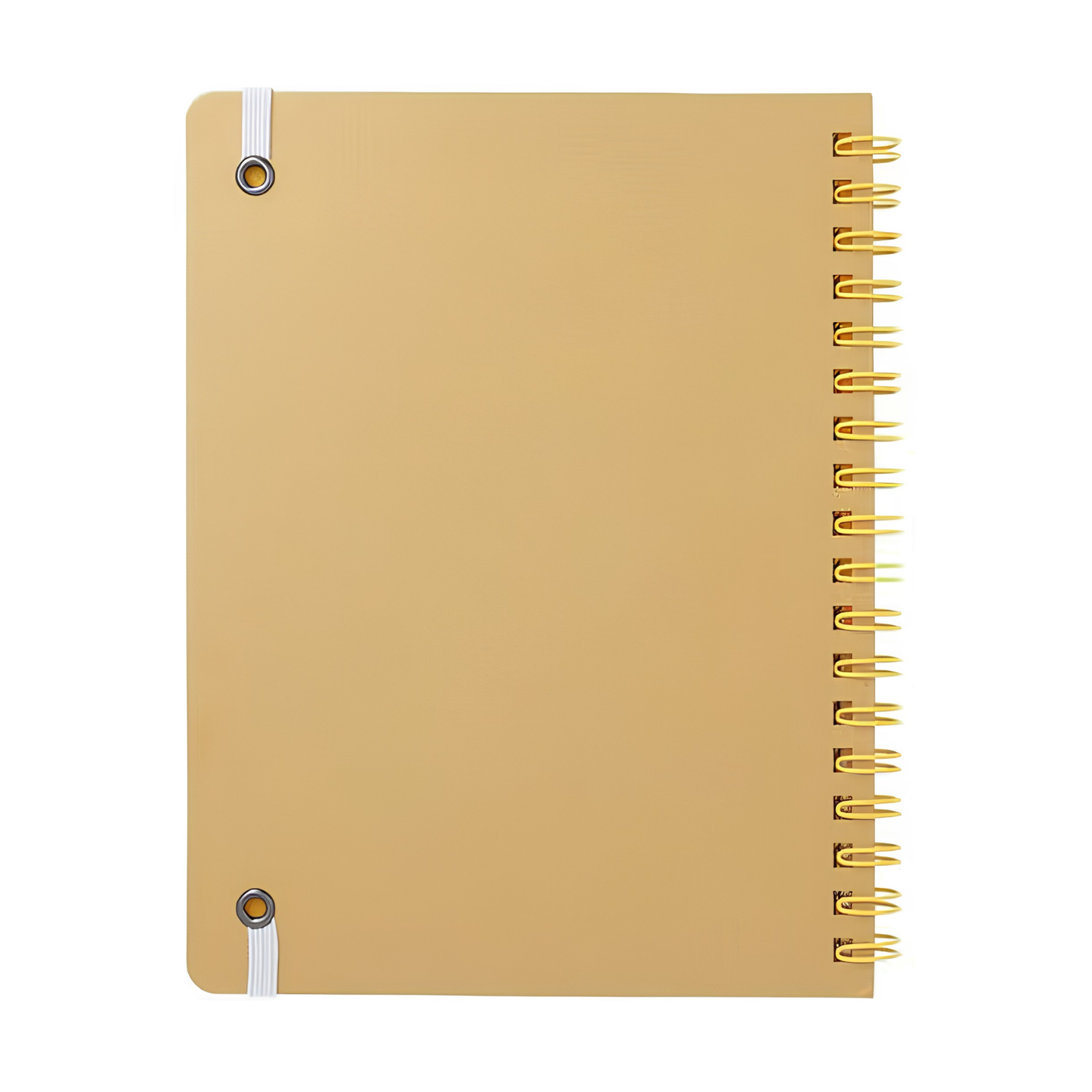The back view of the Fathom spiral bound retro notebook in light yellow with polypropylene cover, metal spiral binding, elastic closure, and 140 perforated cream pages, large Japanese-made stationery.