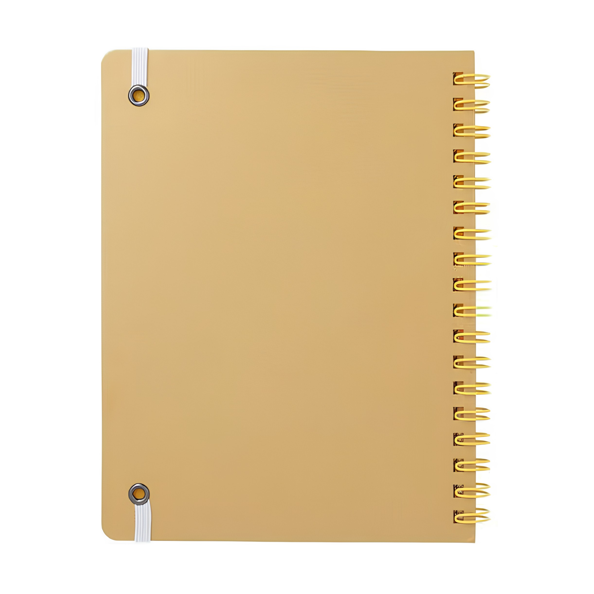 The back view of the Fathom spiral bound retro notebook in light yellow with polypropylene cover, metal spiral binding, elastic closure, and 140 perforated cream pages, large Japanese-made stationery.