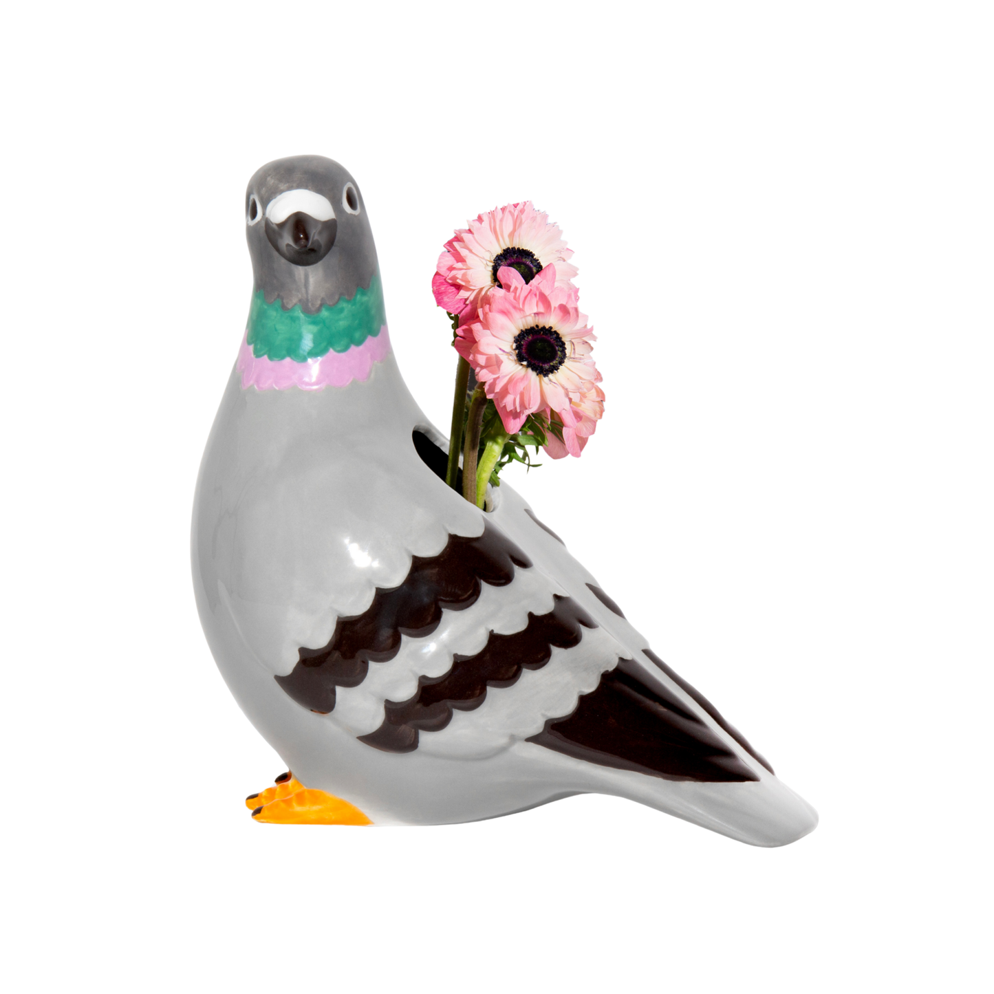 Side view with flowers inside of the DOIY urban charm playful pigeon inspired vase design medium, a quirky city twist to your interior styling.
