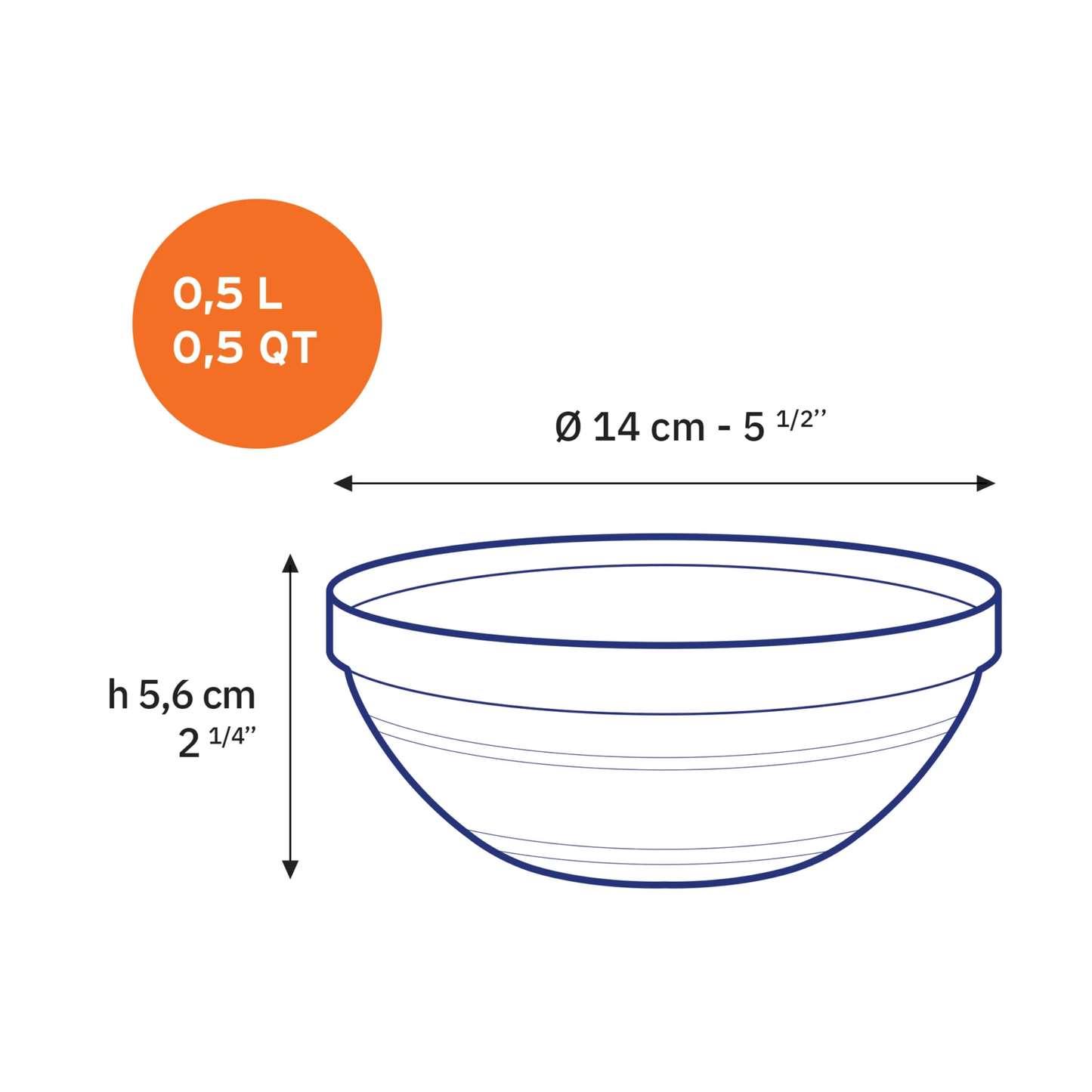 Size image of Clear Duralex transparent glass bowl with rounded shape, stackable design, 50 cl - 14 cm, ideal for sauce, dip, small dessert, snacks and fruits.
