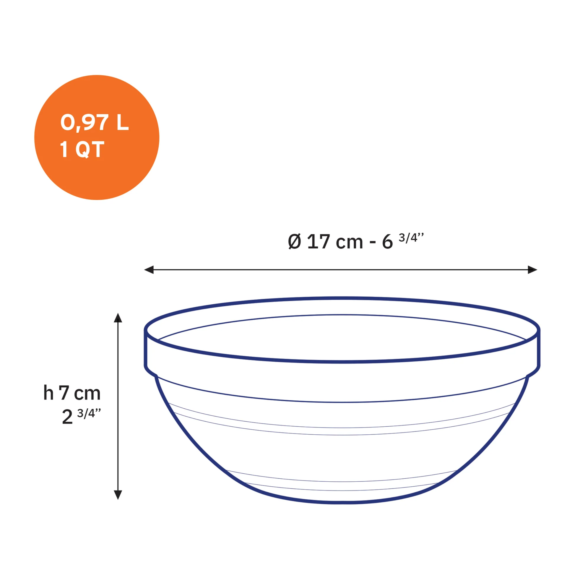 Size image of Clear Duralex transparent glass bowl with rounded shape, stackable design, 97cl - 17cm, ideal for salad, punch, or sauce.