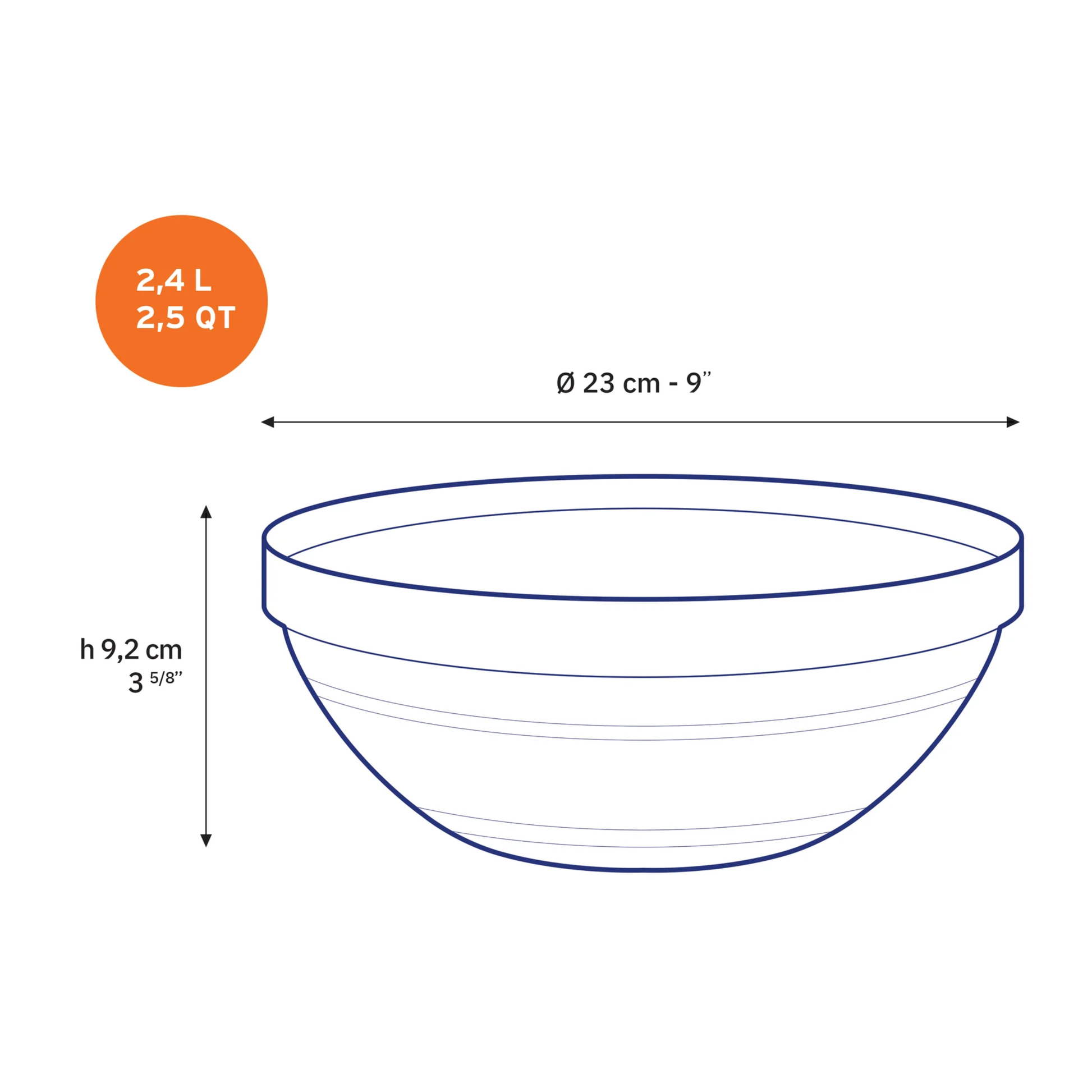 Size image of Duralex Le Gigogne stackable transparent glass salad bowl, 2.4 L - 23 cm, rounded shape, ideal for salad, punch, or sauce.