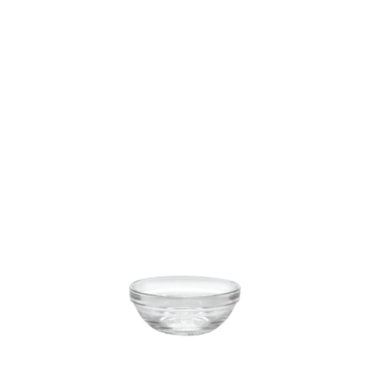 Clear Duralex transparent glass bowl with rounded shape, stackable design, 12.5cl - 9cm, ideal for sauce, dip, small dessert, snacks and fruits.