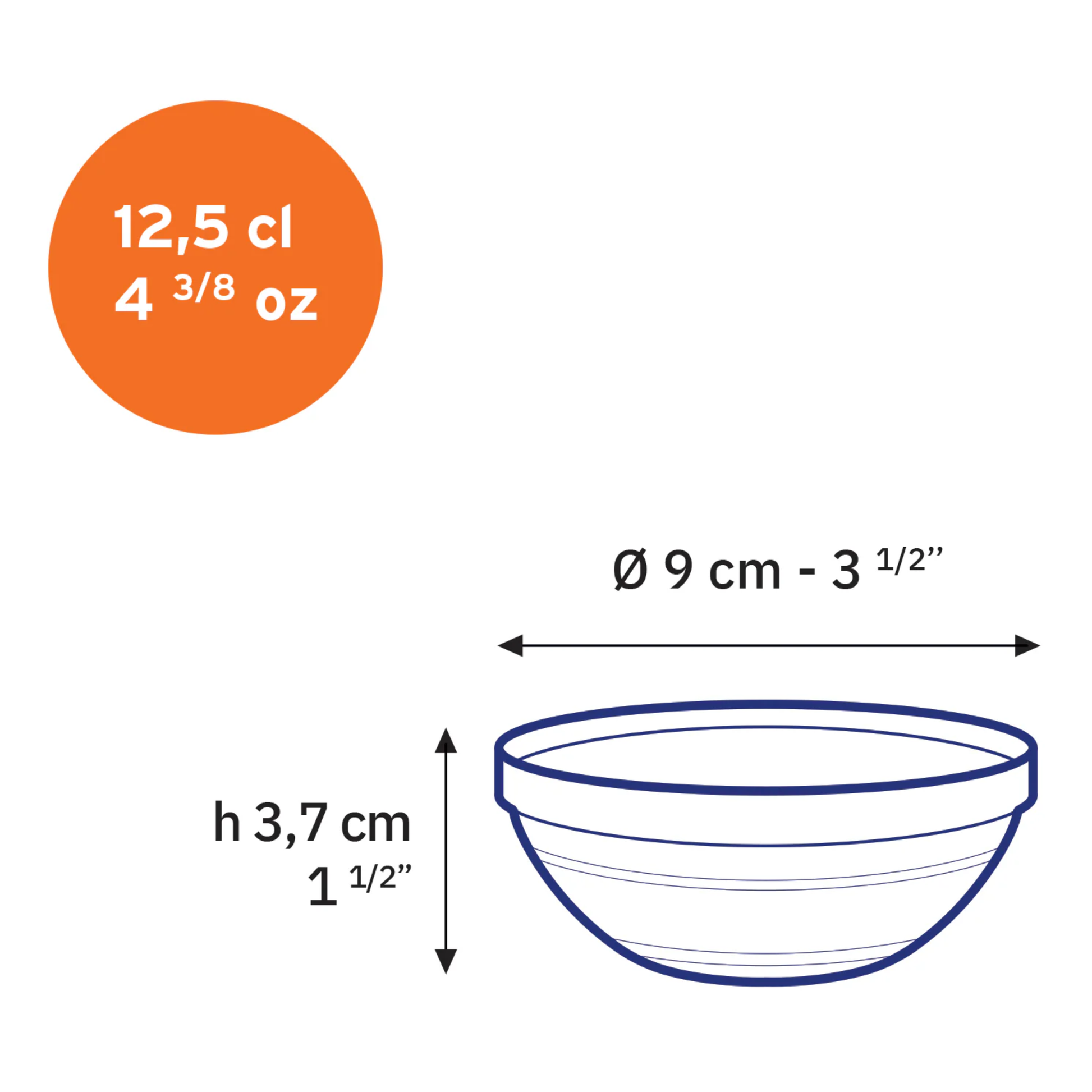 Size image of Clear Duralex transparent glass bowl with rounded shape, stackable design, 12.5cl - 9cm, ideal for sauce, dip, small dessert, snacks and fruits.