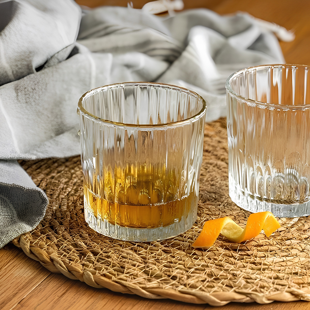 Duralex Manhattan Clear Tumbler 310ml Set of 6 in transparent clear, made from impact-resistant tempered glass with an elegant lowball design for serving spirits and classic cocktails, shown on the table.