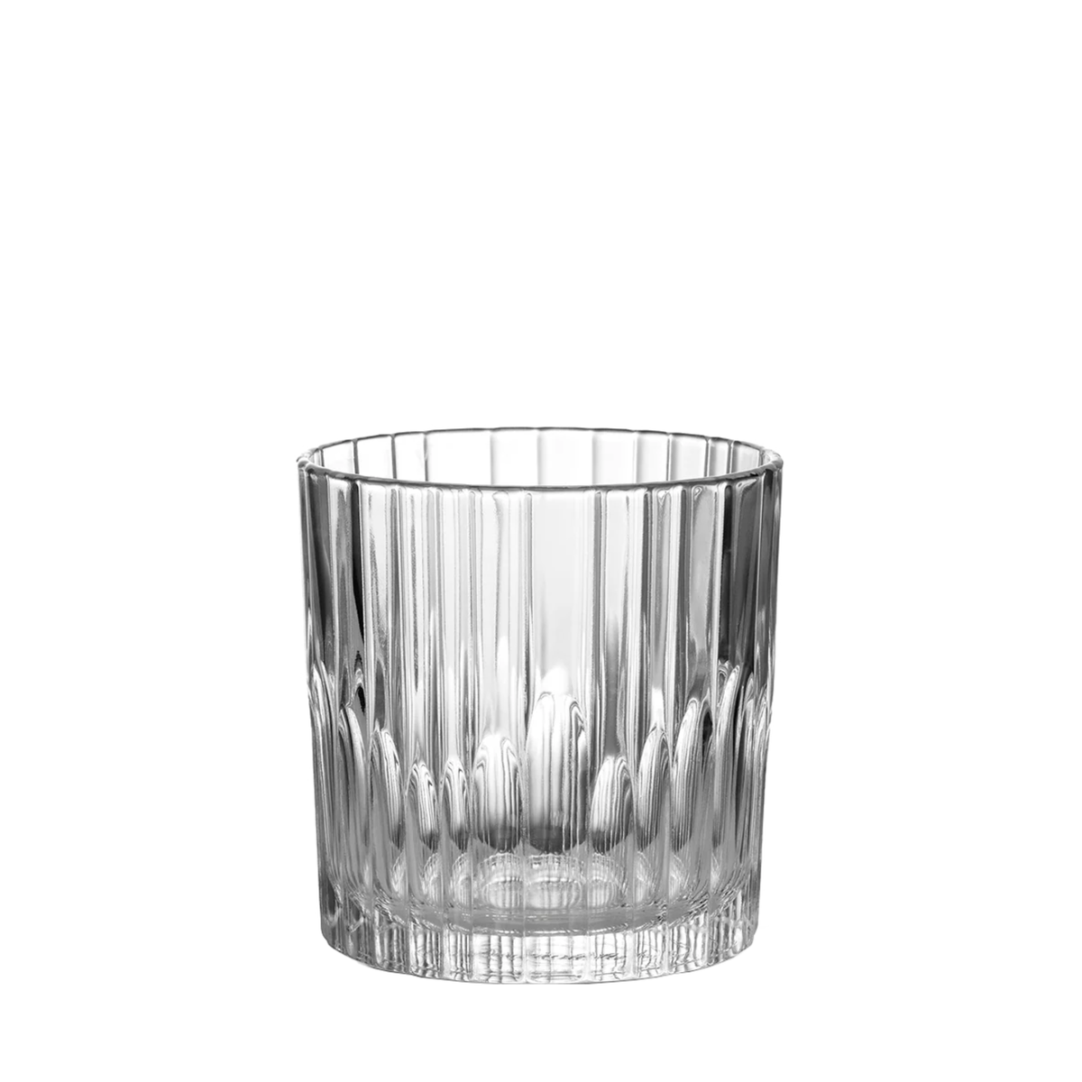 Side view of Duralex Manhattan Clear Tumbler 310ml Set of 6 in transparent clear, made from impact-resistant tempered glass with an elegant lowball design for serving spirits and classic cocktails.