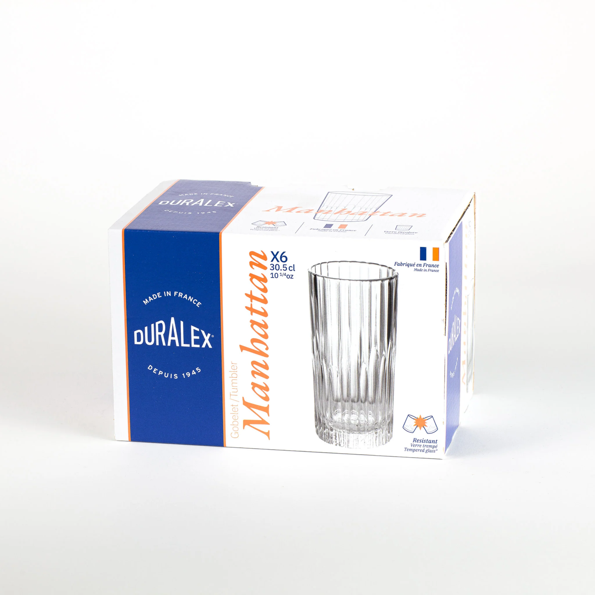 Packaging of Duralex Manhattan Highball Tumbler 305ml Set of 6 in clear, made from impact-resistant tempered glass with an elegant, tall design ideal for serving cocktails and mixed drinks.