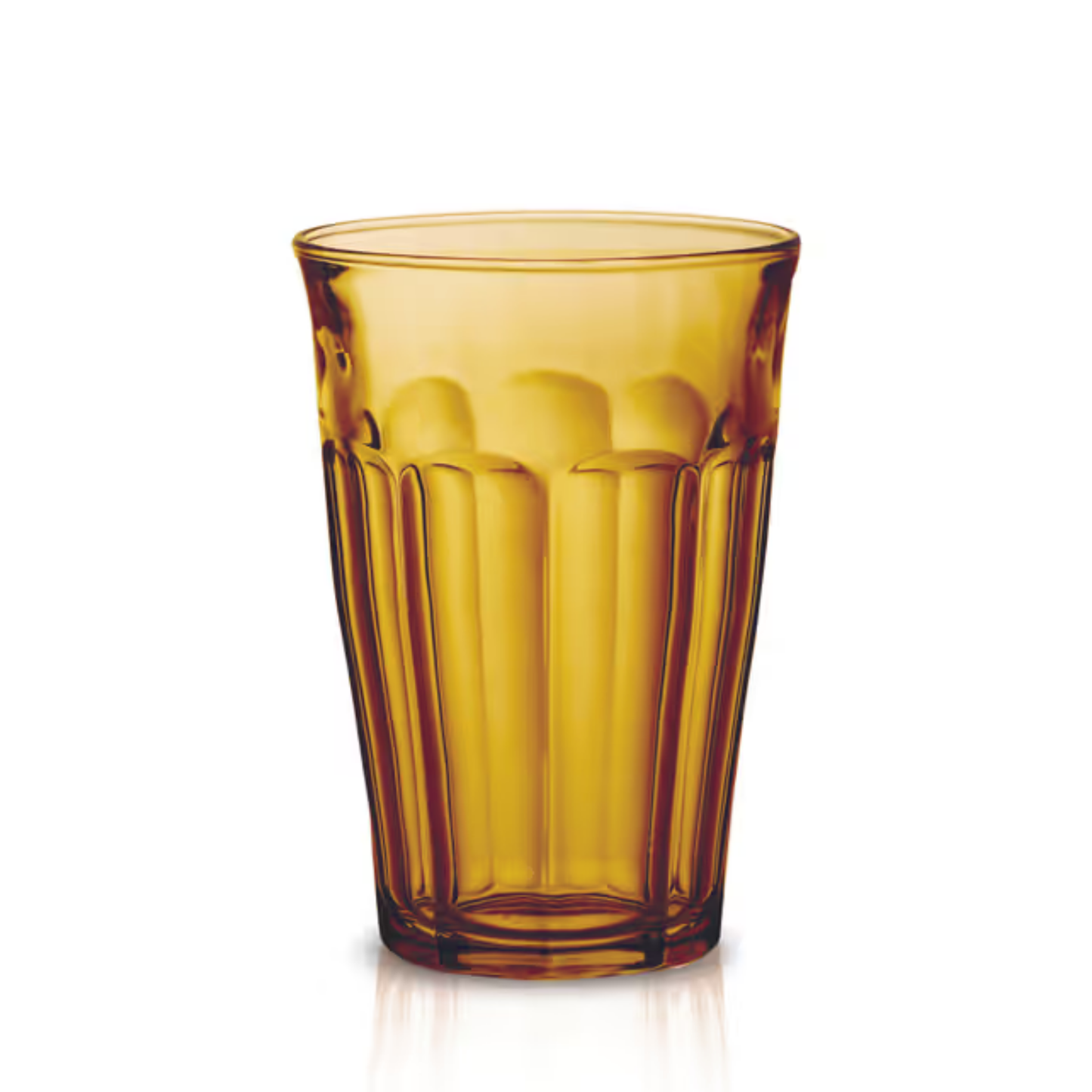 Duralex Picardie tempered glass tumbler, Amber, with a thick base and comfortable-to-hold design. The glass is durable, hygienic, and safe for both the microwave and dishwasher.