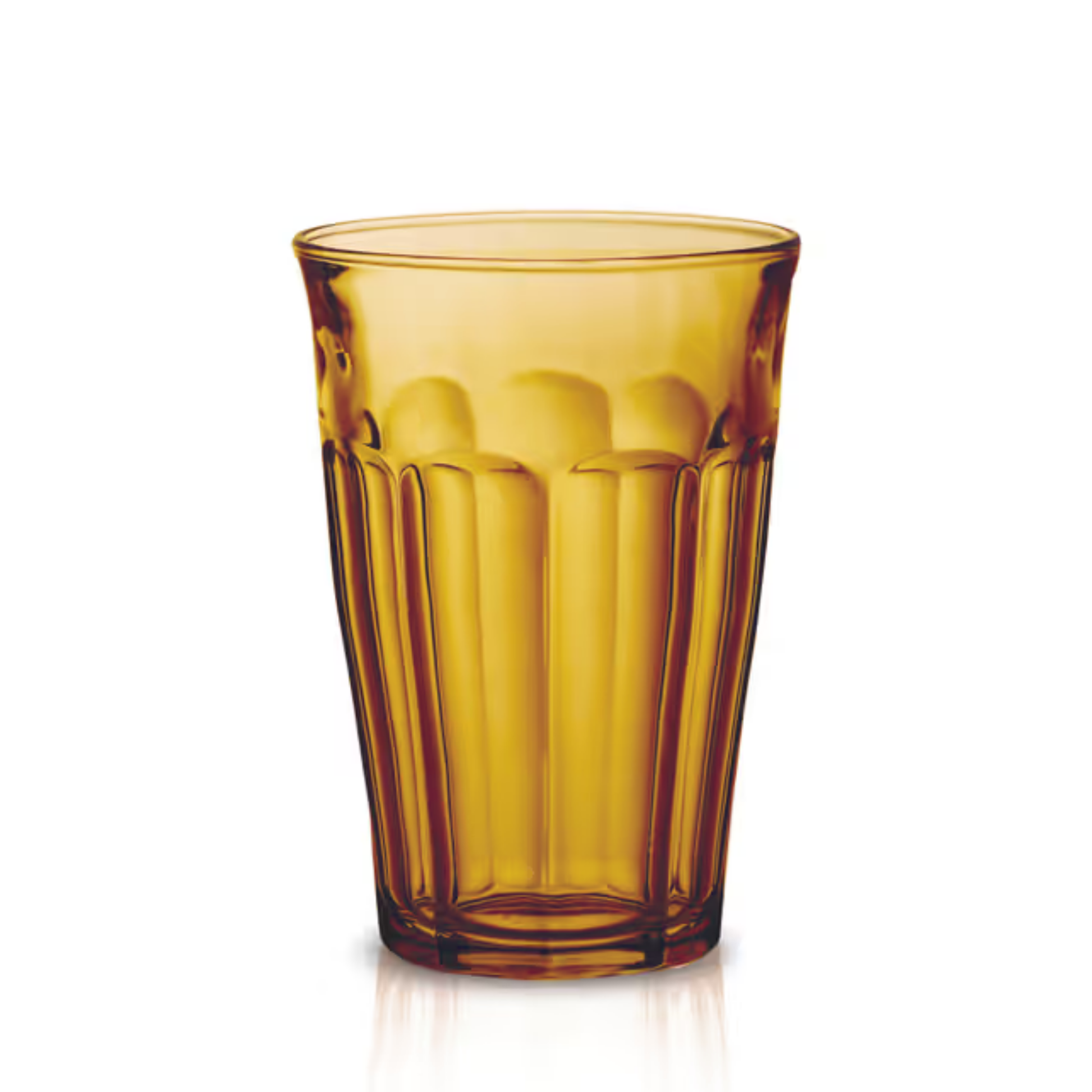 Duralex Picardie tempered glass tumbler, Amber, with a thick base and comfortable-to-hold design. The glass is durable, hygienic, and safe for both the microwave and dishwasher.