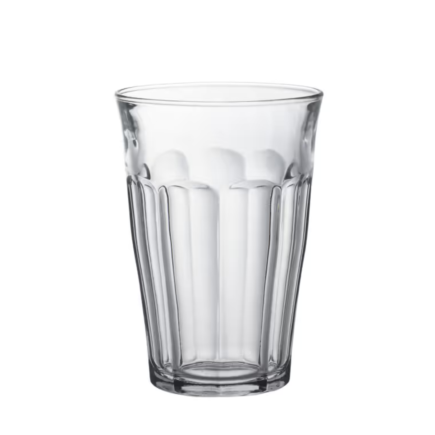 Duralex Picardie tempered glass tumbler, clear, with a thick base and comfortable-to-hold design. The glass is durable, hygienic, and safe for both the microwave and dishwasher.